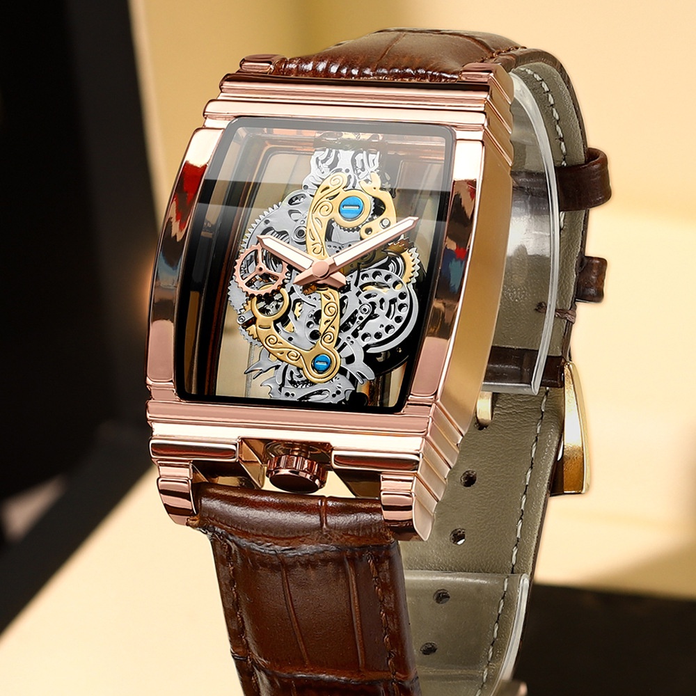 新款酒桶型手錶方形透明全鏤空飛輪男表防水腕錶
