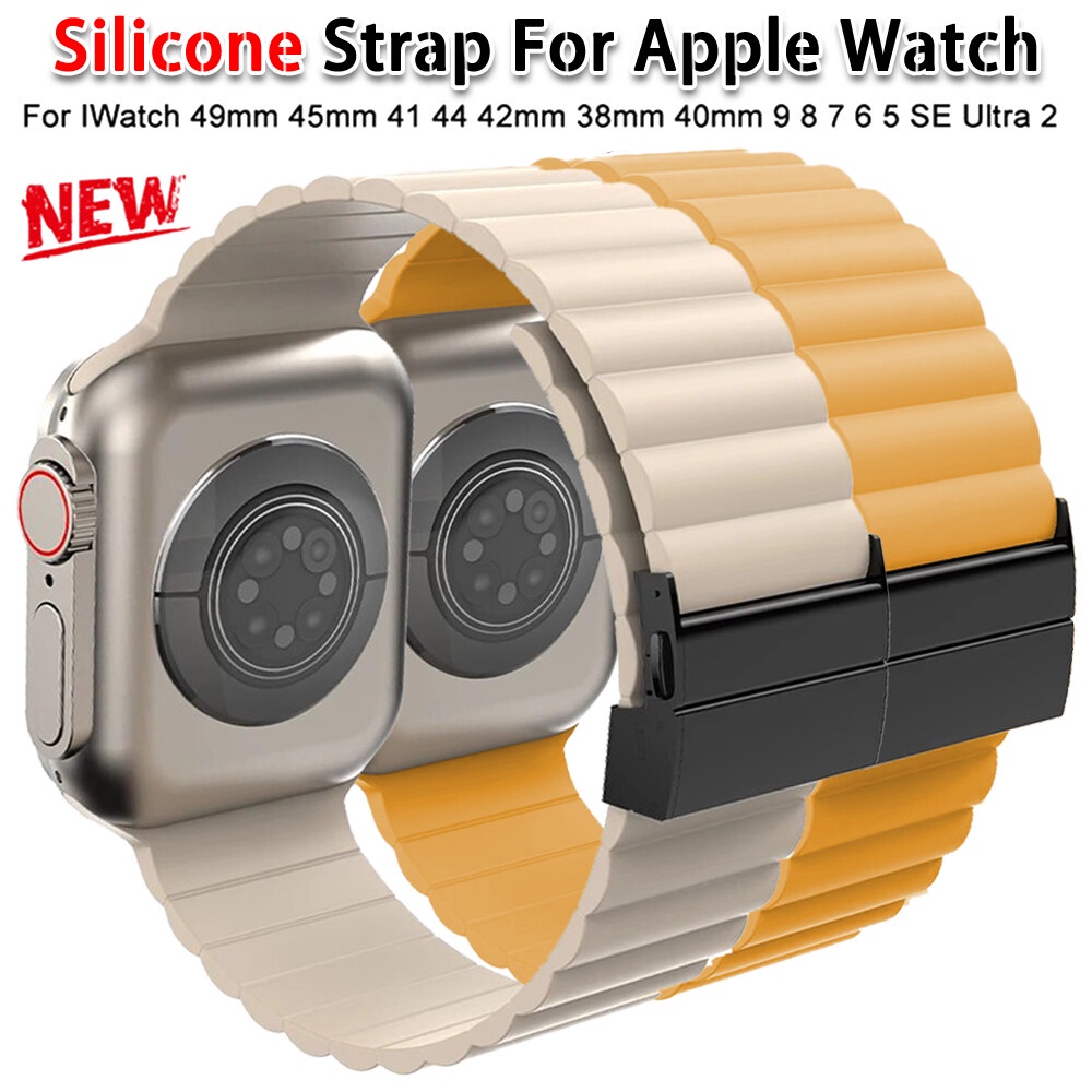 矽膠錶帶金屬扣手鍊兼容 Apple Watch Ultra 2 49mm 44mm 45mm 42mm 41 40mm