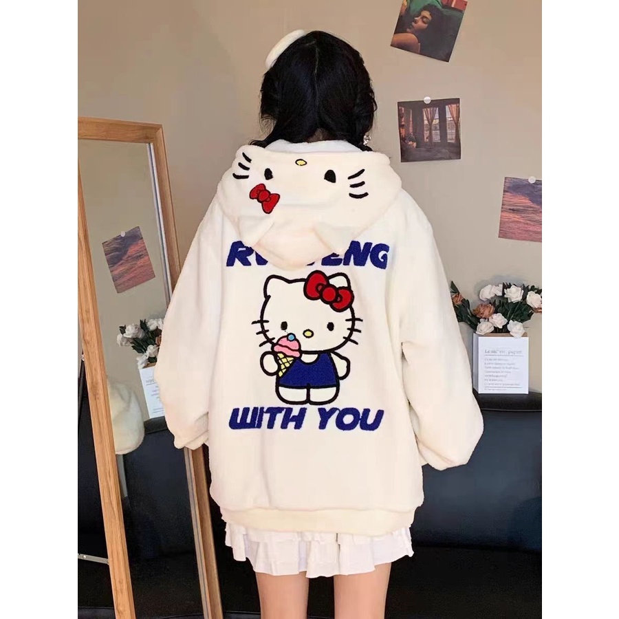 大學t 大學T女 衣服 新年衣服 hello kitty 大學T女 連帽大學T凱蒂貓刺繡羔羊絨外套秋冬季加厚新款學院風百