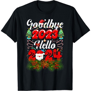 全新再見 2023 Hello 2024 新年快樂 2024 Merry Christmas T 恤 Xs-3Xl