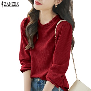 Zanzea 女式韓版日常休閒長袖圓領純色襯衫