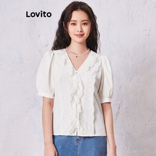 Lovito 女士休閒素色網紗拼接蕾絲麵料拼接襯衫 LNE19150（白色）