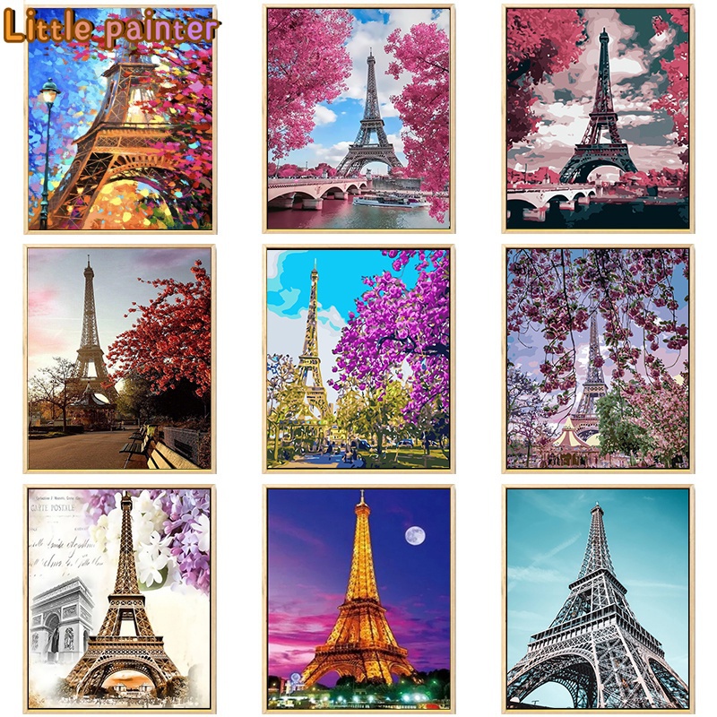 巴黎鐵塔 粉花鐵塔 鐵塔風景diy數字油畫40*50cm帶內框 數字畫 填色畫 居家裝飾畫
