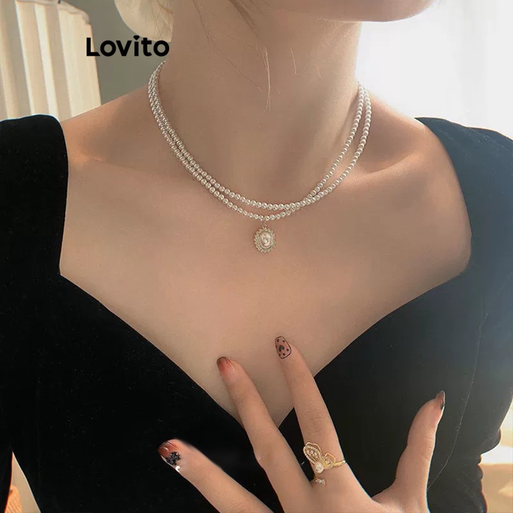 Lovito 女士休閒素色珍珠項鍊 LFA13052