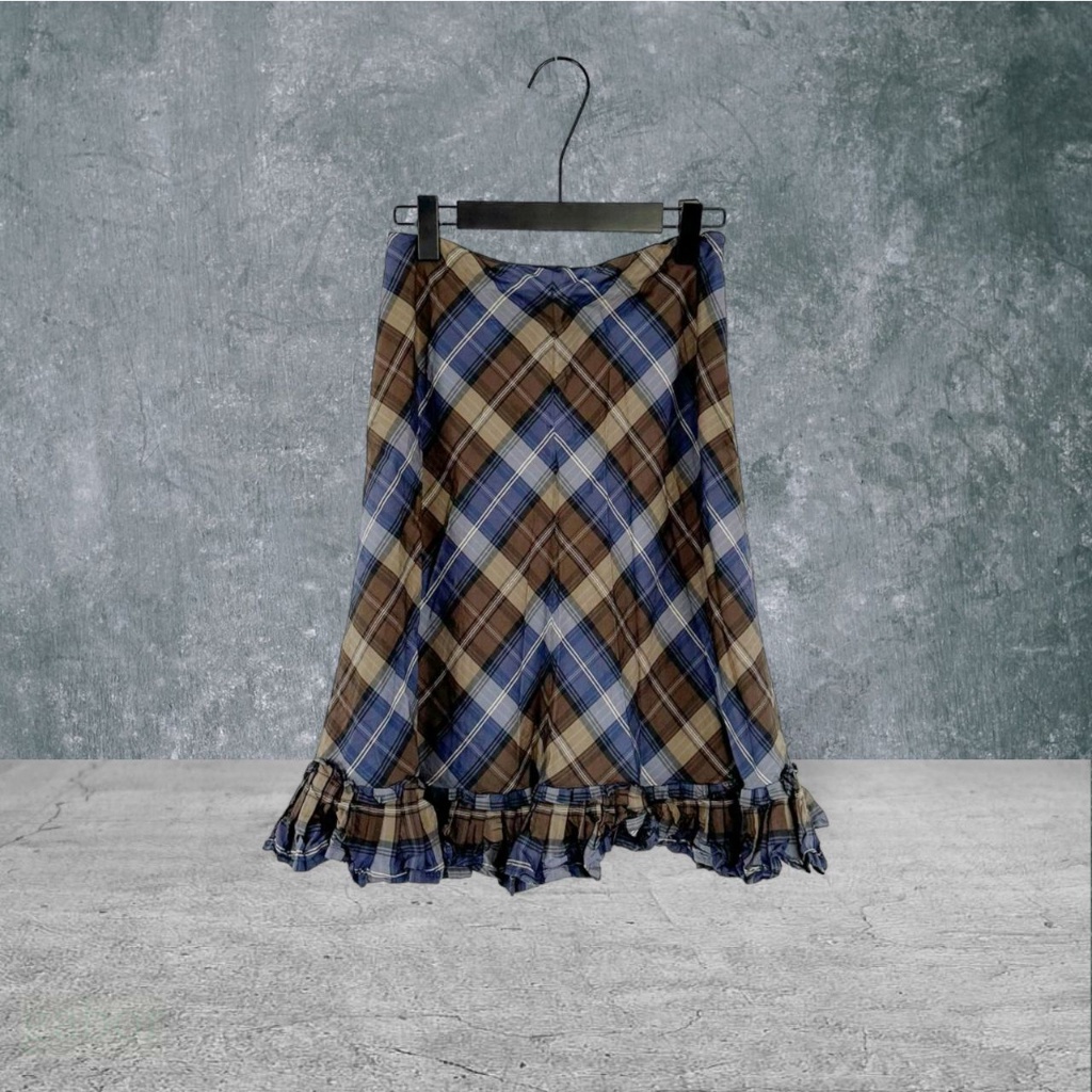 二手 WEEKEND MaxMara 葡萄牙製 藍咖 棉麻格紋裙襬荷葉A字USA6 短裙 VA711﹝凡賽蘇﹞