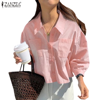 Zanzea 女士韓版寬鬆簡約燈籠袖翻領純色短款寬鬆襯衫