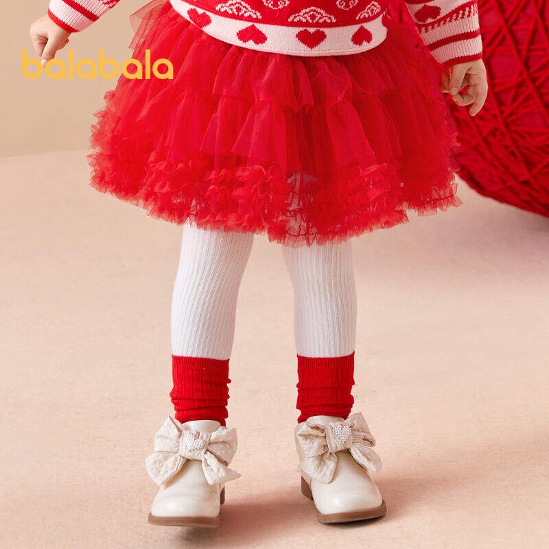 Balabala兒童女童連衣裙聖誕紅色連衣裙2024新款網紗蓬蓬裙新年潮