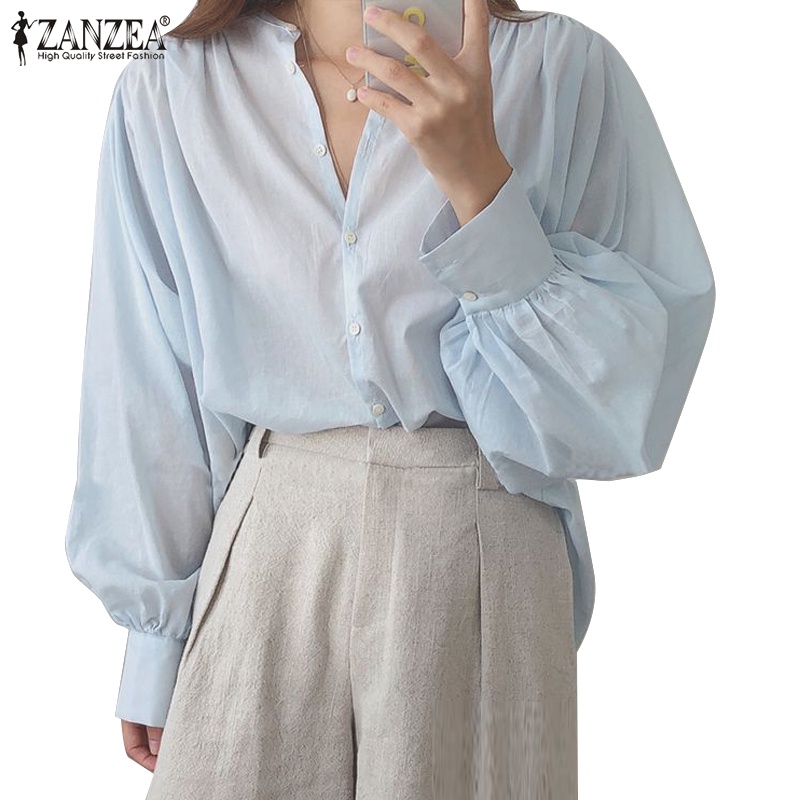 Zanzea 女式韓版休閒長袖圓領純色襯衫