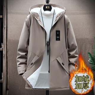 男士風衣外套 英倫風中長款大衣 韓版刷毛加絨加厚棉服港風棉衣大尺碼工裝連帽外套商務休閒棉襖