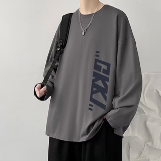 M-5xl 街頭潮流男士長袖圓領 T 恤韓式字母印花超大襯衫青年學生加大碼打底上衣深灰色衣服