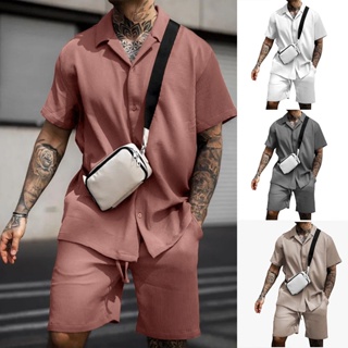 男士休閒素色西裝套裝舒適短袖鈕扣襯衫和短褲夏季街頭服飾