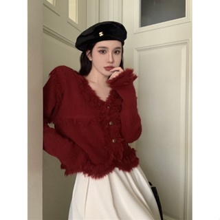 紅色毛衣外套寬鬆流蘇針織開衫長袖女裝上衣