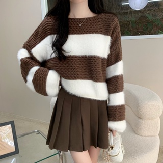 韓系女版緊身顯瘦秋冬復古寬鬆加厚短版條紋馬海毛針織毛衣
