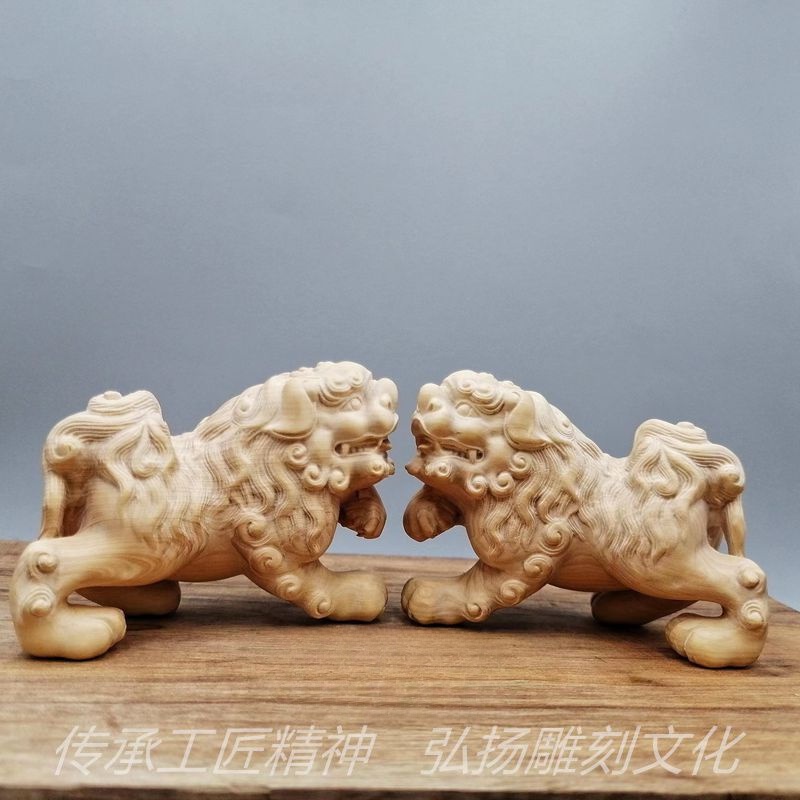 木雕獅子    小葉黃楊木雕刻居家茶寵擺件招財古典中式瑞獸雙獅戲球獅子工藝品