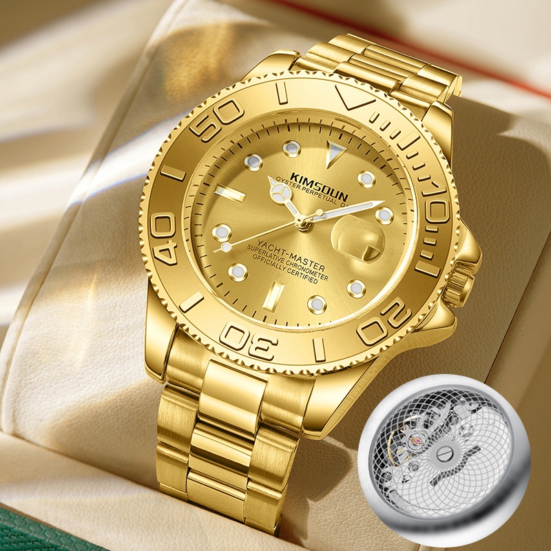 新款金遊艇男士手錶鋼帶日曆鏤空透底石英錶男金錶
