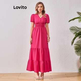 Lovito 女款休閒素色系扣抽褶荷葉邊泡泡袖洋裝 LBL07005