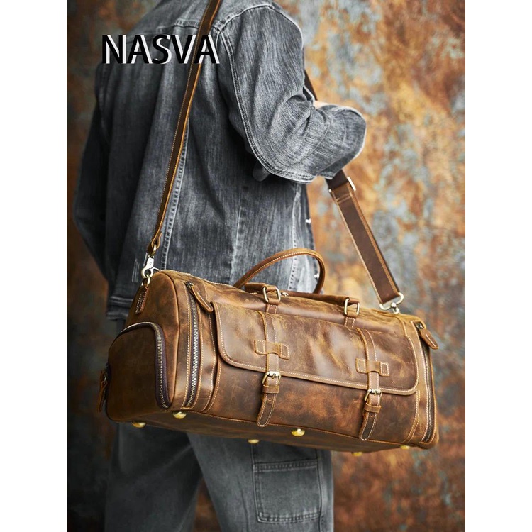 NASVA 真皮男士週末包復古旅行包休閒過夜包瘋馬皮露營包附鞋帶男女通用頭層牛皮瘋行李包