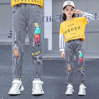 【貝貝樂】女童牛仔褲 中大童時尚休閒褲 小女孩寬鬆長褲熱賣 童裝 春秋款兒童洋氣褲子寶寶高腰老爹褲 棉褲子 現貨 快