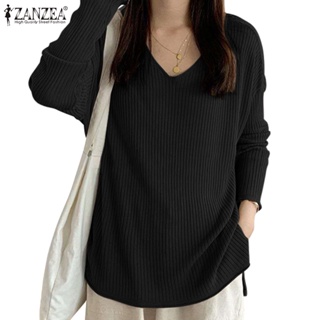 Zanzea 女式韓版純色 V 領條紋長袖針織 T 恤