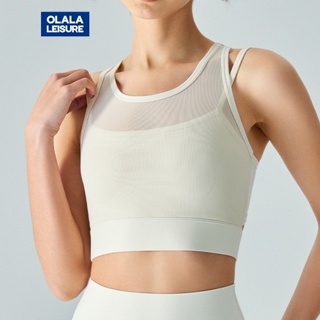 OLALA 新款假兩件美背一件式式高強度運動內衣半固定杯工字網紗瑜伽服內衣女夏