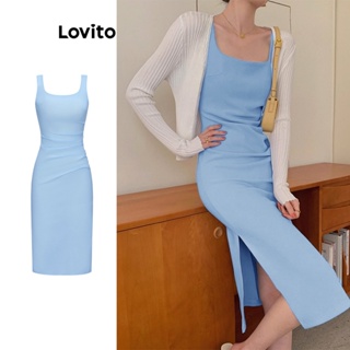 Lovito 女款休閒素色褶邊開叉洋裝 L68ED337 (藍色)