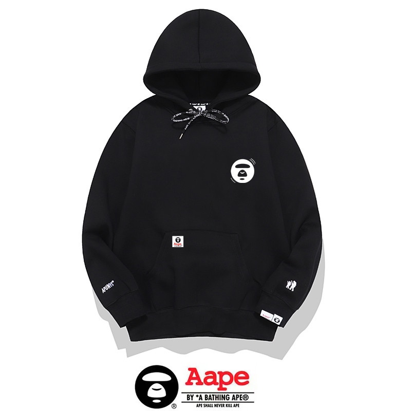 Aape BAPE 新品印花棉質毛圈材料連帽衫卡通字母標誌黑色連帽外套保暖帽 1:1 補丁標籤抽繩超大號男士女士長袖