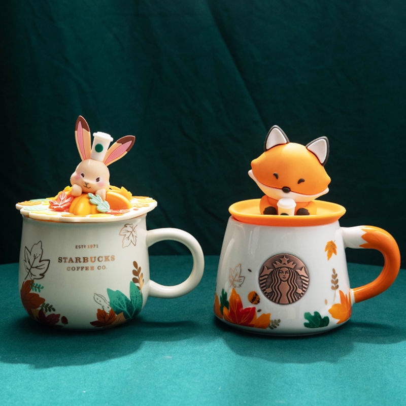 星巴杯子狐貍兔子桂花帶蓋勺陶瓷咖啡馬克杯大容量