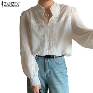 Zanzea 女式韓版休閒荷葉邊蕾絲拼接荷葉邊燈籠長袖襯衫