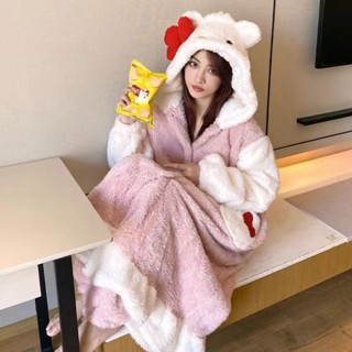 hellokitty睡袍女冬季珊瑚絨刷毛加厚毛絨可愛長款kt凱蒂貓睡衣冬