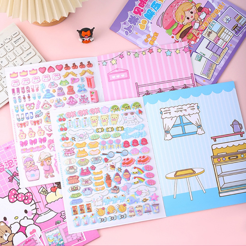 三麗鷗趣味泡泡貼紙 DIY Kuromi Hello Kitty 貼紙安靜書兒童 6 場景/套裝裝扮貼紙書重複粘貼