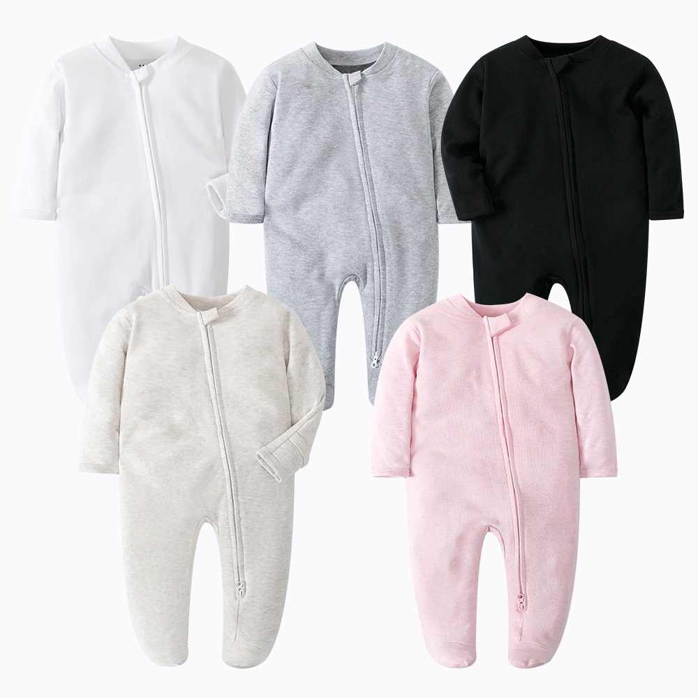 新生嬰兒男孩女孩衣服素色棉質連身衣拉鍊連身褲 0-24 個月睡衣