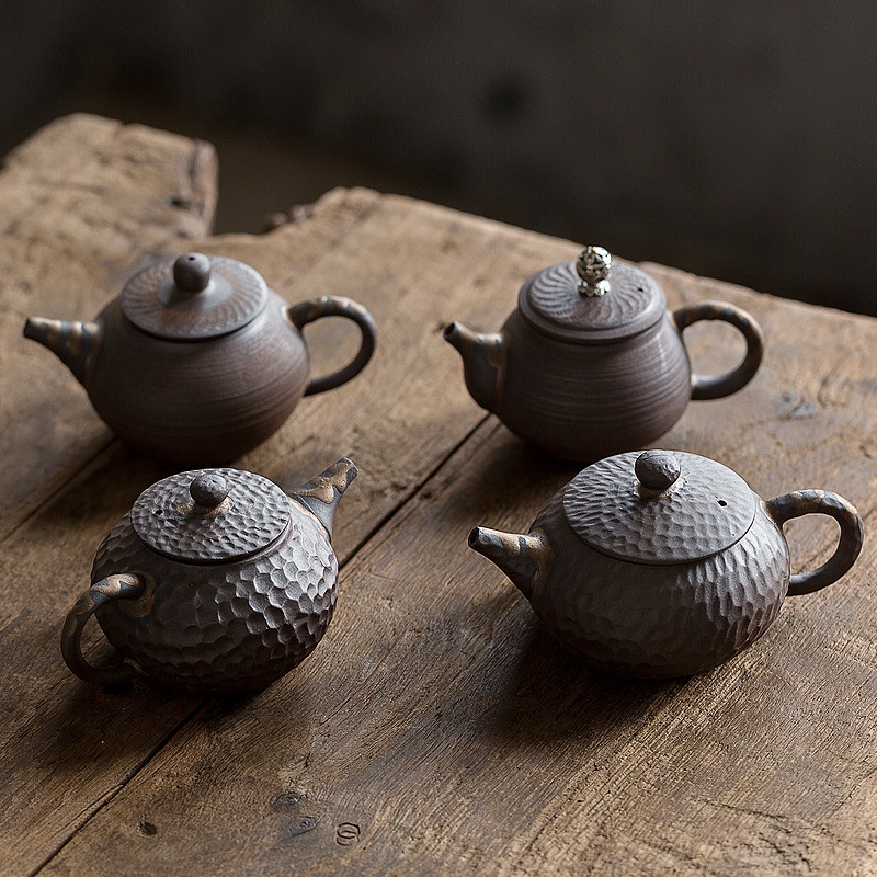粗陶復古茶壺 鎏金鐵釉直把壺 仿古手工功夫茶具單壺 泡茶壺