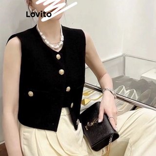 Lovito 女士休閒純色鈕扣夾克 LNE36028 (黑色)