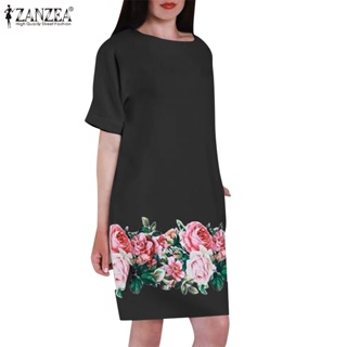 Zanzea 女式韓版時尚圓領純色寬鬆印花短袖連衣裙