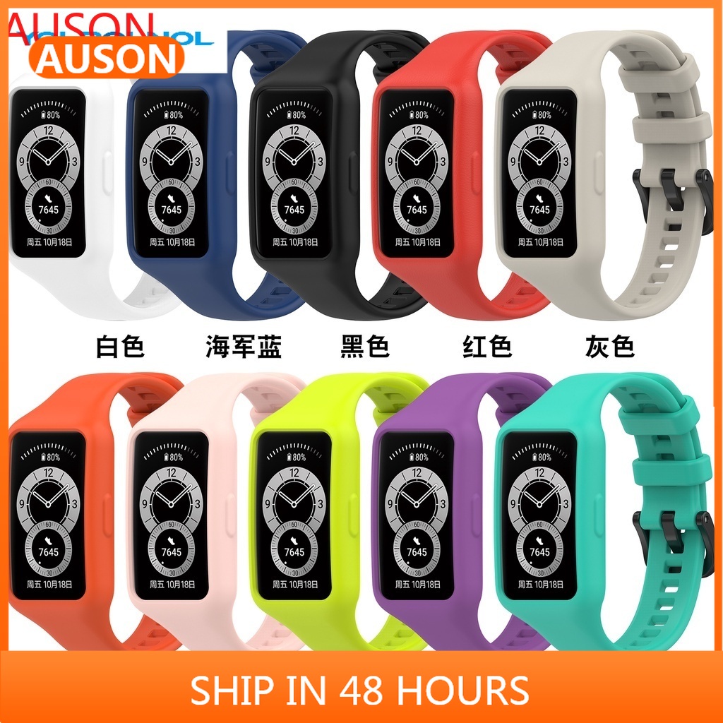 AUSON新款 適用華為手環band 6矽膠錶帶 榮耀honor band 6運動替換腕帶 一體錶帶 光面扣式錶帶 黑扣