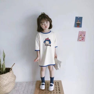 🍬Candy🍬女童洋裝 台灣出貨 女寶寶夏裝新款純色休閒寬鬆版女童短袖T恤裙可愛拼色中長款上衣