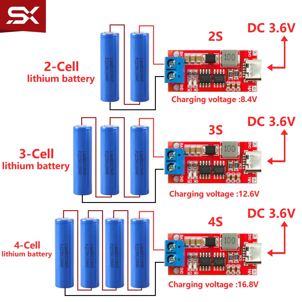 Bms 2S 3S 4S Type-C轉8.4V 12.6V 16.8V升壓轉換器逆變器18650鋰聚合物鋰離子電池充電