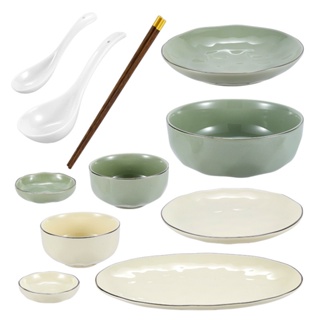 日式陶瓷碗碟盤餐具套裝 家用碗盤釉下彩金邊碗碟全套 湯匙湯匙盤子筷子