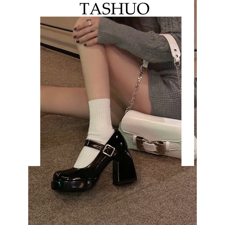 TASHUO  詩霜凝黑色粗跟高跟鞋2023年新款一字扣帶瑪麗珍鞋淺口單鞋女圓頭