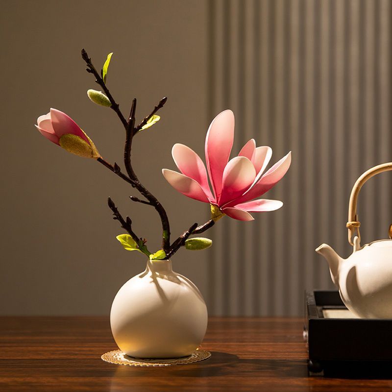 中式陶瓷花瓶  玉蘭水蓮花 仿真假花 花藝 陶瓷瓶套裝  客廳餐桌擺設 假花裝飾 盆景擺件 高雅裝飾