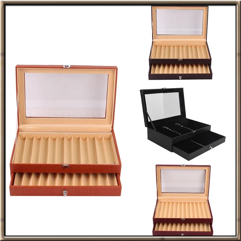 24 槽木製筆展示收納盒豪華 2 層 PU 筆盒鋼筆收藏首飾收納盒