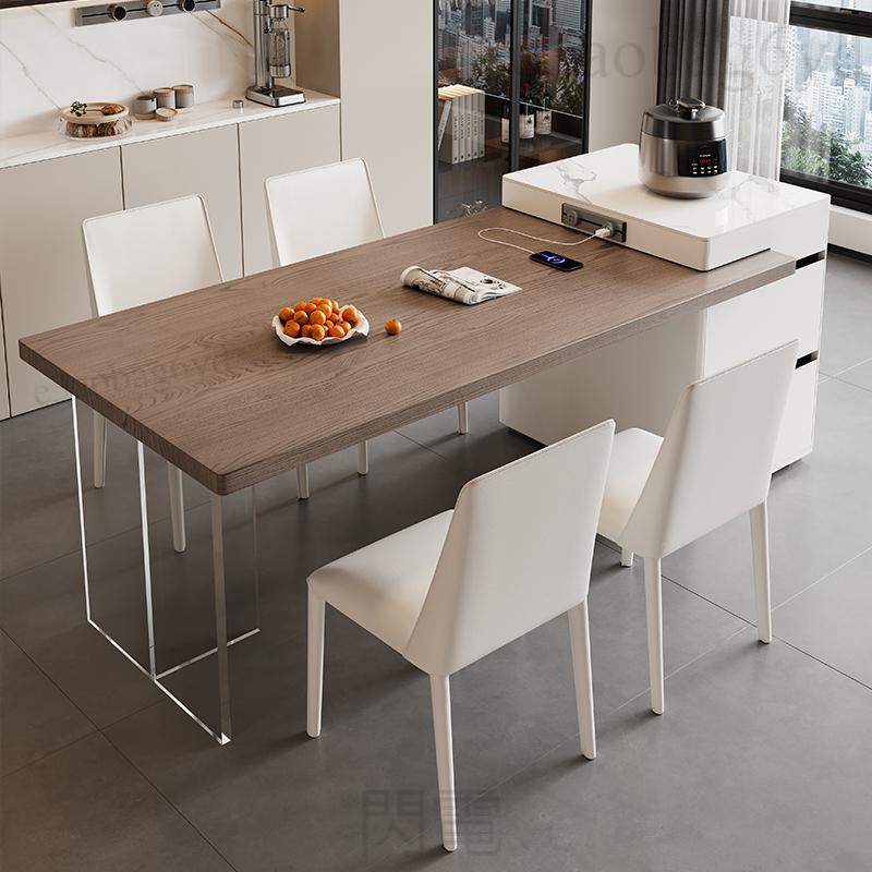 新品 原木風島台餐桌一體可伸縮岩板家用小戶型高端輕奢實木中島台餐桌