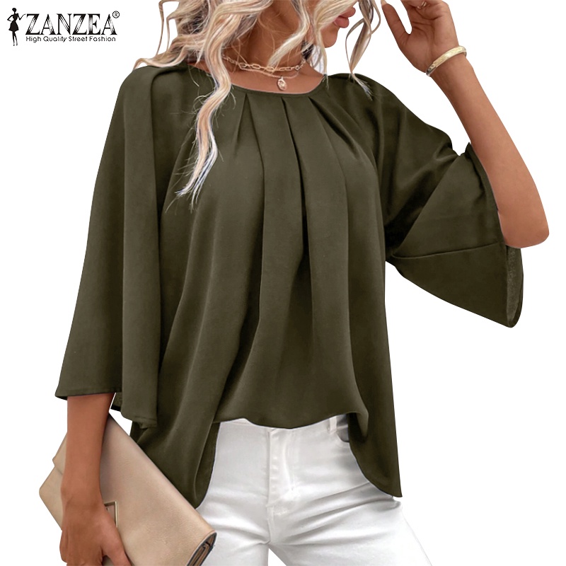 Zanzea 女式複古休閒圓領褶襉 3/4 袖純色襯衫