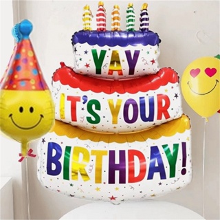 彩色蠟燭三層蛋糕鋁膜氣球生日快樂派對裝飾兒童彩色蛋糕鋁箔氣球氣球