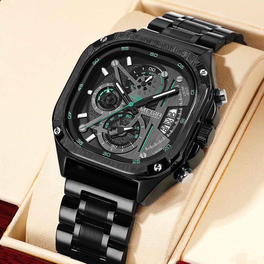 MEGIR新款男士手錶 時尚方形鋼帶蝴蝶扣夜光防水多功能男士石英手錶  2217G