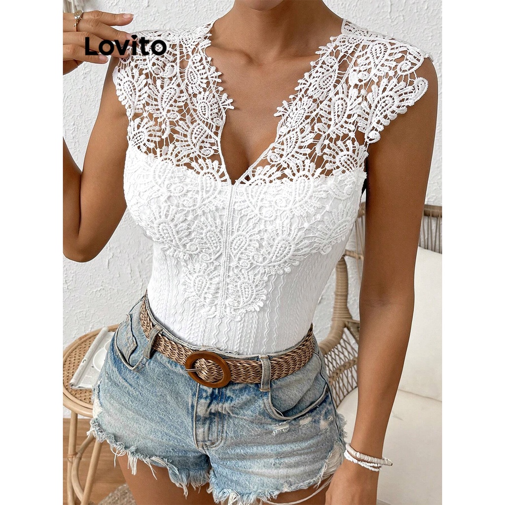 Lovito 女款休閒素色網紗拼接蕾絲襯衫 LBL06066 (白色)