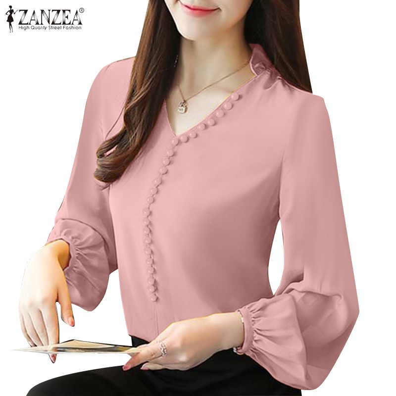 Zanzea 女式韓版時尚燈籠袖 V 領純色寬鬆上衣