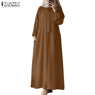 Zanzea 女士穆斯林口袋可拆卸領帶長袖鬆緊袖口襯衫連衣裙