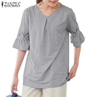 Zanzea 女式韓版半袖鏤空 V 領褶襉領口針織 T 恤