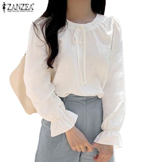 Zanzea 女式韓版領口抽繩荷葉邊袖口長袖襯衫